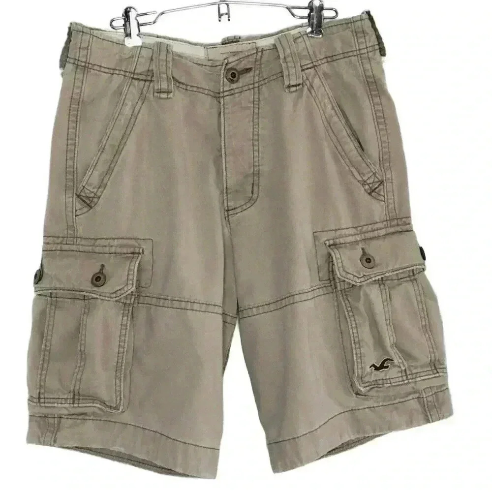 Hollister Cargo Shorts Mens 28 Distressed Streetwear Button Fly Flat Front Beige